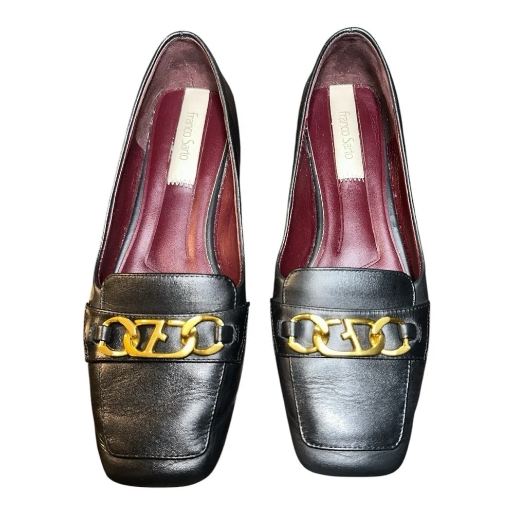 Franco Sarto women’s Tiari Elegant Black slip onLoafers w/ Gold Accent sz 8.5M